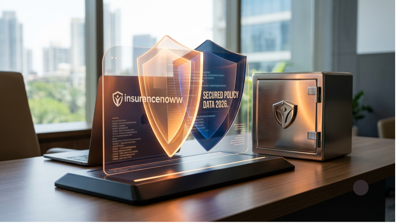 A futuristic digital interface displaying a glowing orange and blue security shield next to a steel vault on an office desk, representing secured life insurance policies in 2026.