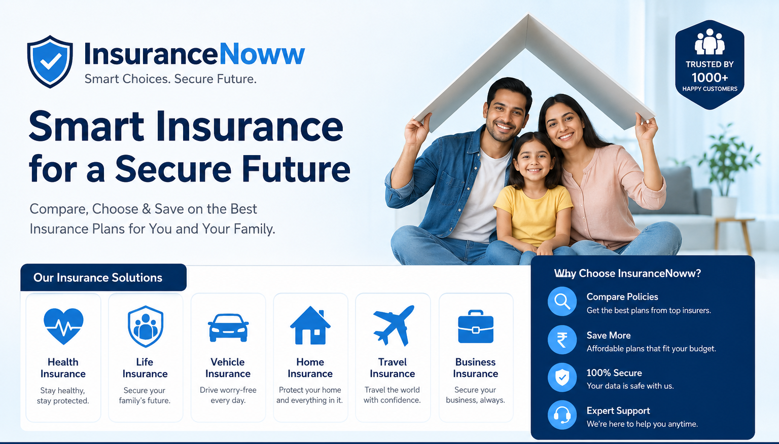 A modern InsuranceNoww promotional banner featuring a smiling family under a roof-shaped shelter, highlighting health, life, vehicle, home, travel, and business insurance services with a blue and white professional design.